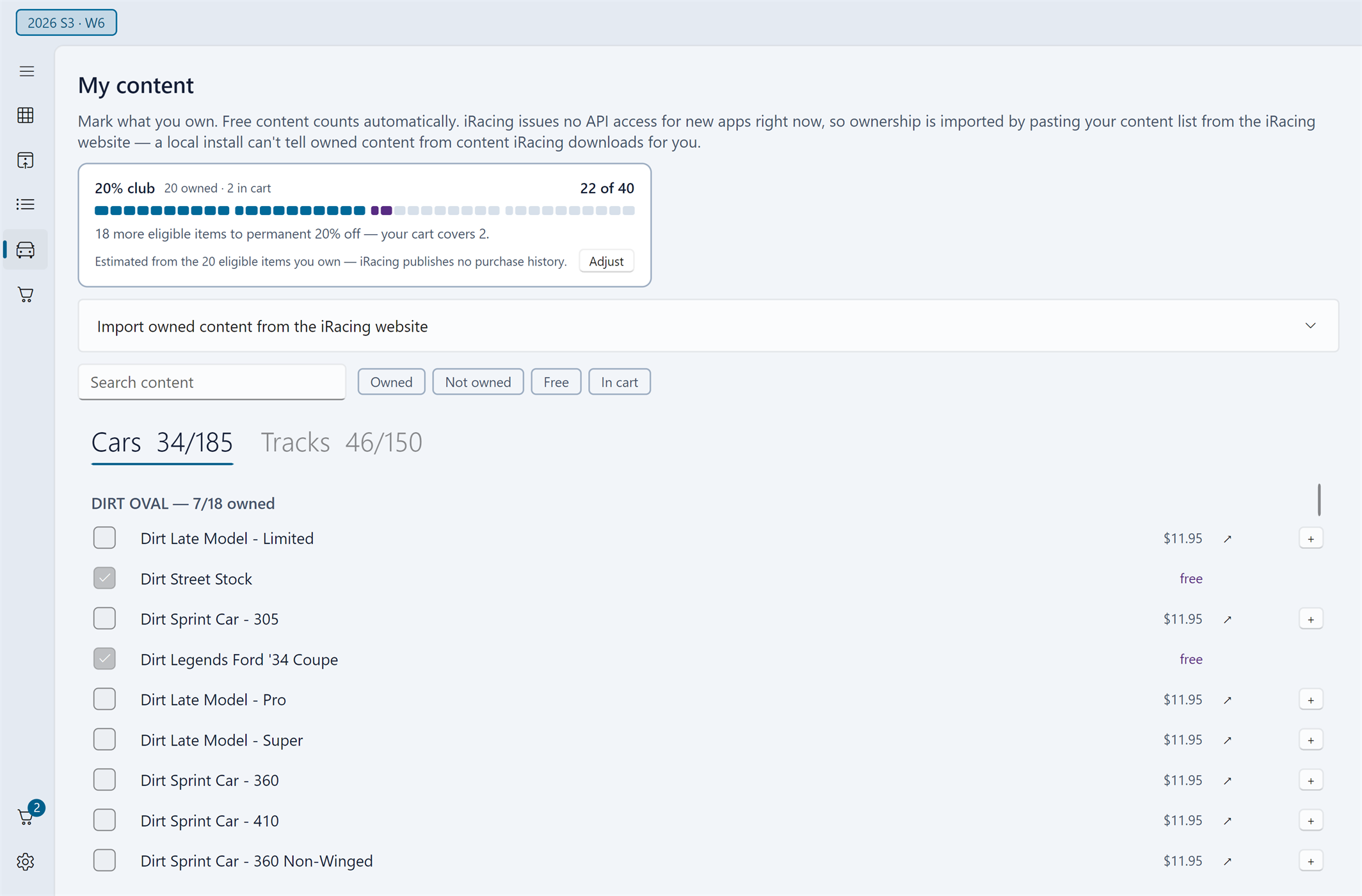Rennplan's My content page: a meter estimating the eligible items you own plus what's in your cart toward the 40 item discount, a collapsed panel for importing from the iRacing website, a search box with Owned, Not owned, Free and In cart filters, and the Cars and Tracks tabs above a checklist of cars with their prices.